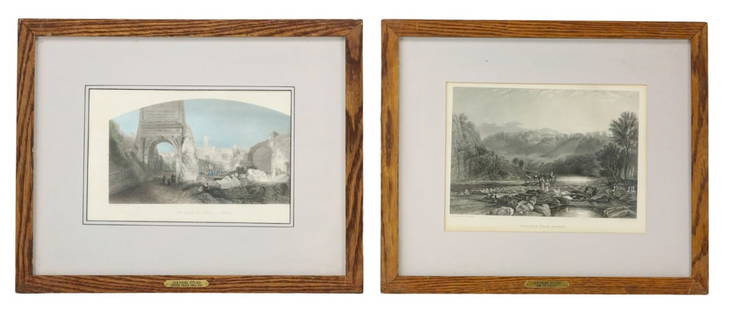 2 J.M.W. Turner, Challis, Pye  Antique Engravings: Joseph Mallord William Turner (English, 1775-1851) and Ebenezer Challis, John Pye Antique Engravings of Rome and Wycliffe Near Rokeby. Measures 16 inches x 20 inches each.