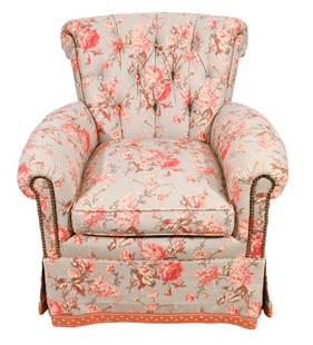 Lewis Mittman Floral Tufted Swivel Armchair: Lewis Mittman Inc. Traditional Custom Floral Tufted Linen Upholstered Skirted Hem Armchair with Nail Head Trim.