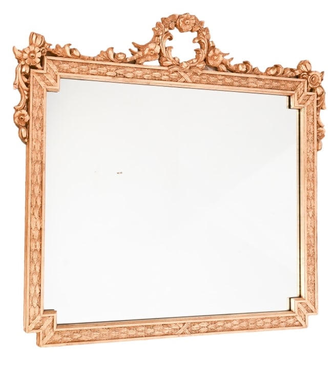 French Louis XVI Style Carved Gilt Wood Mirror: French Louis XVI Style Carved Gilt Wood Wall MirrorMeasures 44 inches x 51 inches x 1.5 inches.One small piece missing, shown in photos.