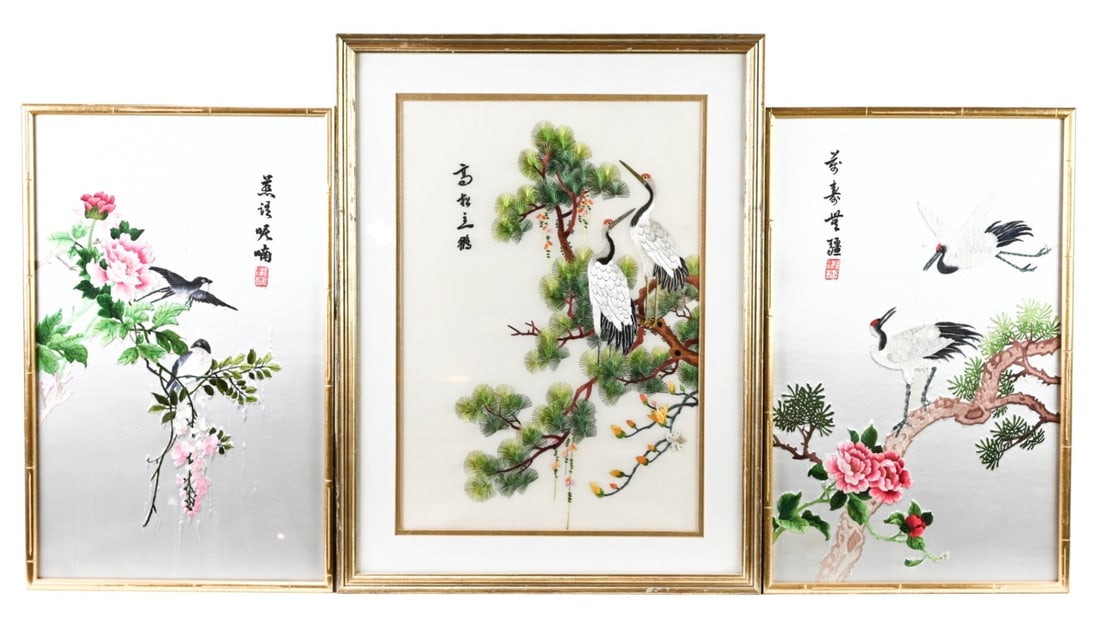 Trio Chinese Embroidered Signed Silk Framed Panels: Trio Chinese Embroidered Signed Silk Framed Panels. Framed measures 22 inches x 14 inches.