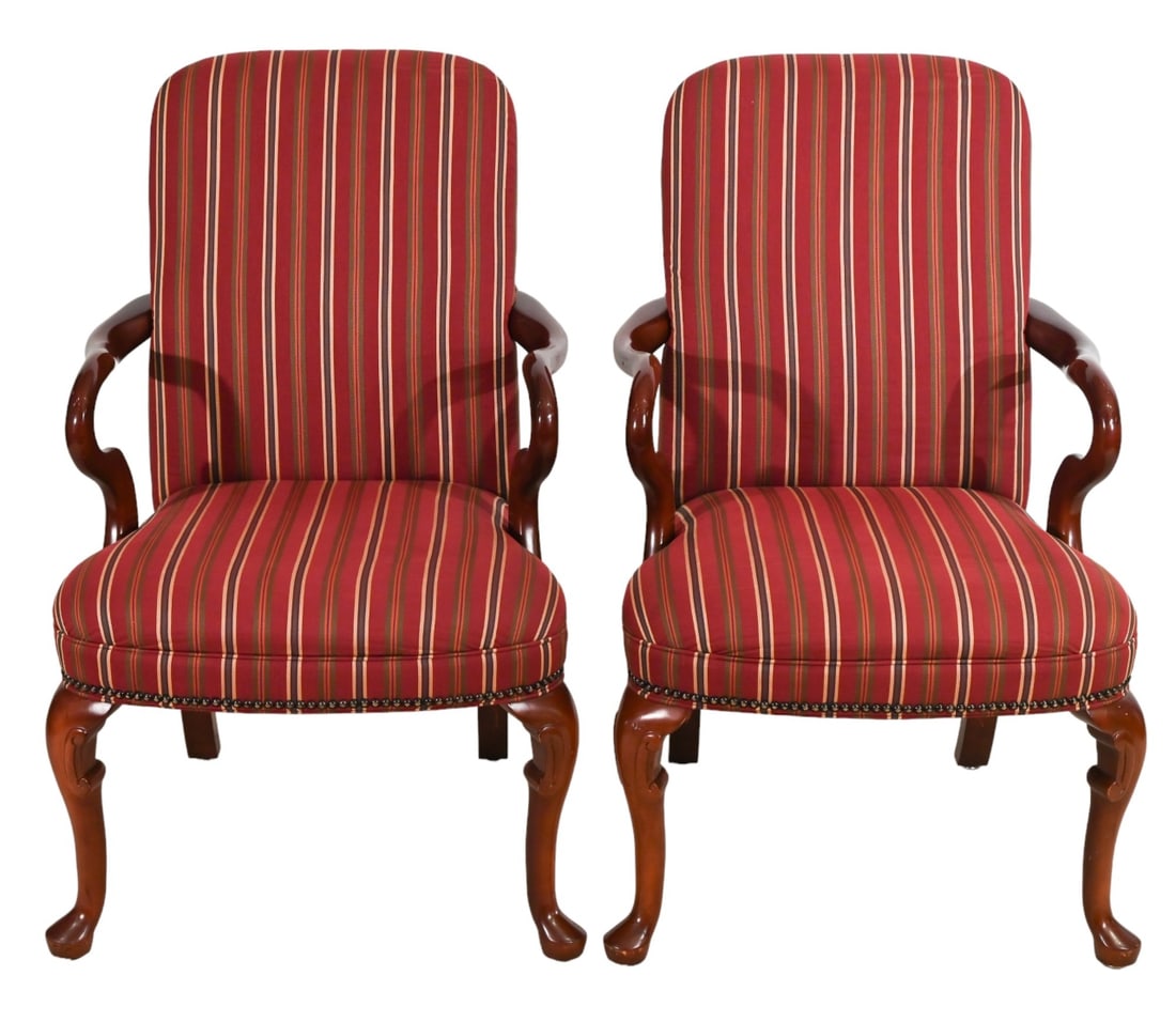 Pair Vintage Queen Anne Style Striped Armchairs (1 of 16)