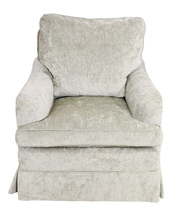MC Custom Upholstered Tailored Skirt Lounge Chair: Mid Century Custom Upholstered Tailored Skirt Lounge Chair.Measures 36 inches x 33 inches x 36 inches seat height 18 inches.