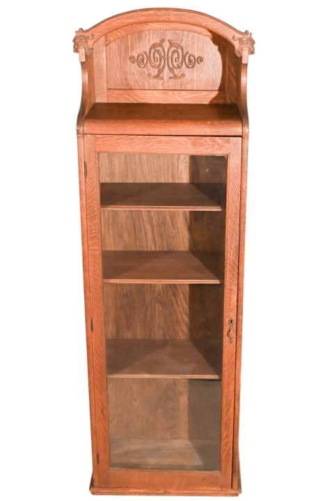 Antique Hand Carved Glass Cabinet w Lion Motif: Antique Hand Carved Glass Cabinet with Lion MotifMeasures 67 inches x 21 inches x 12 inches.