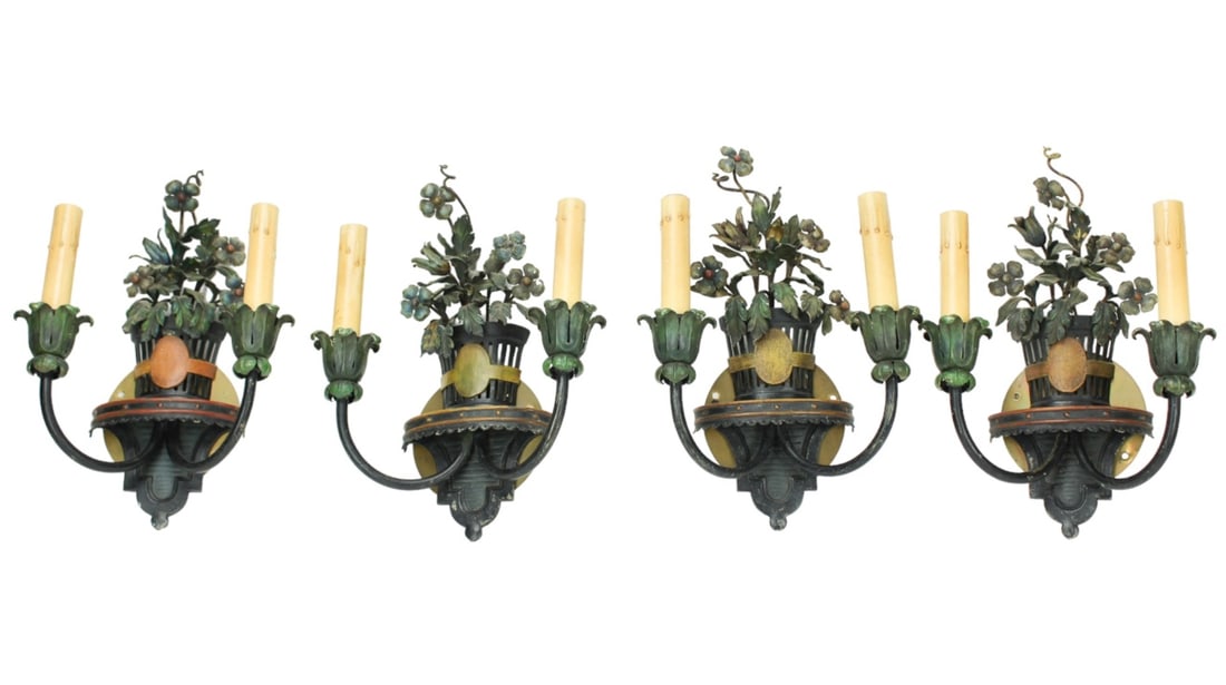 4 Antique French Provencal Painted Tole Sconces (1 of 9)