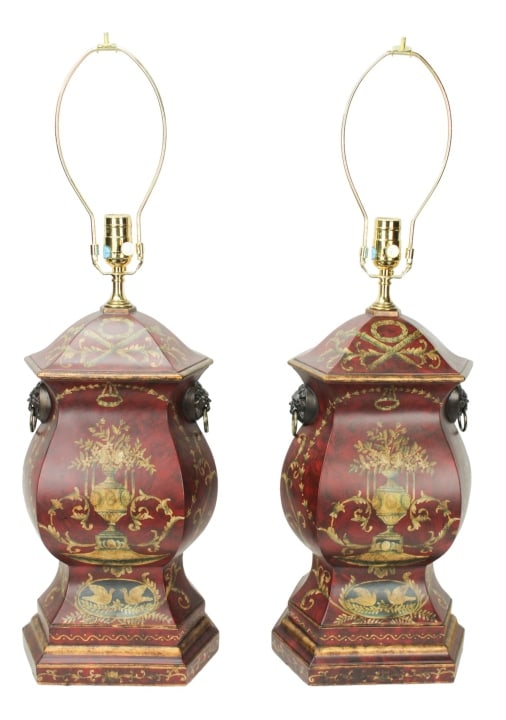 Pair Regency Faux Tole Hand Painted Table Lamps (1 of 9)