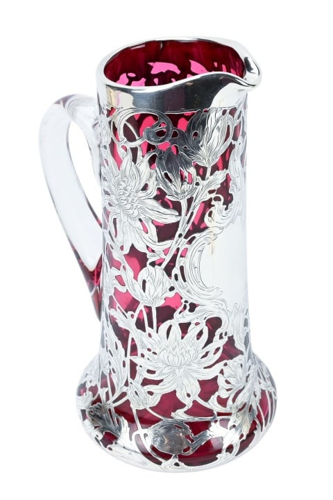 Art Nouveau Red Silver Overlay Claret Jug (1 of 12)