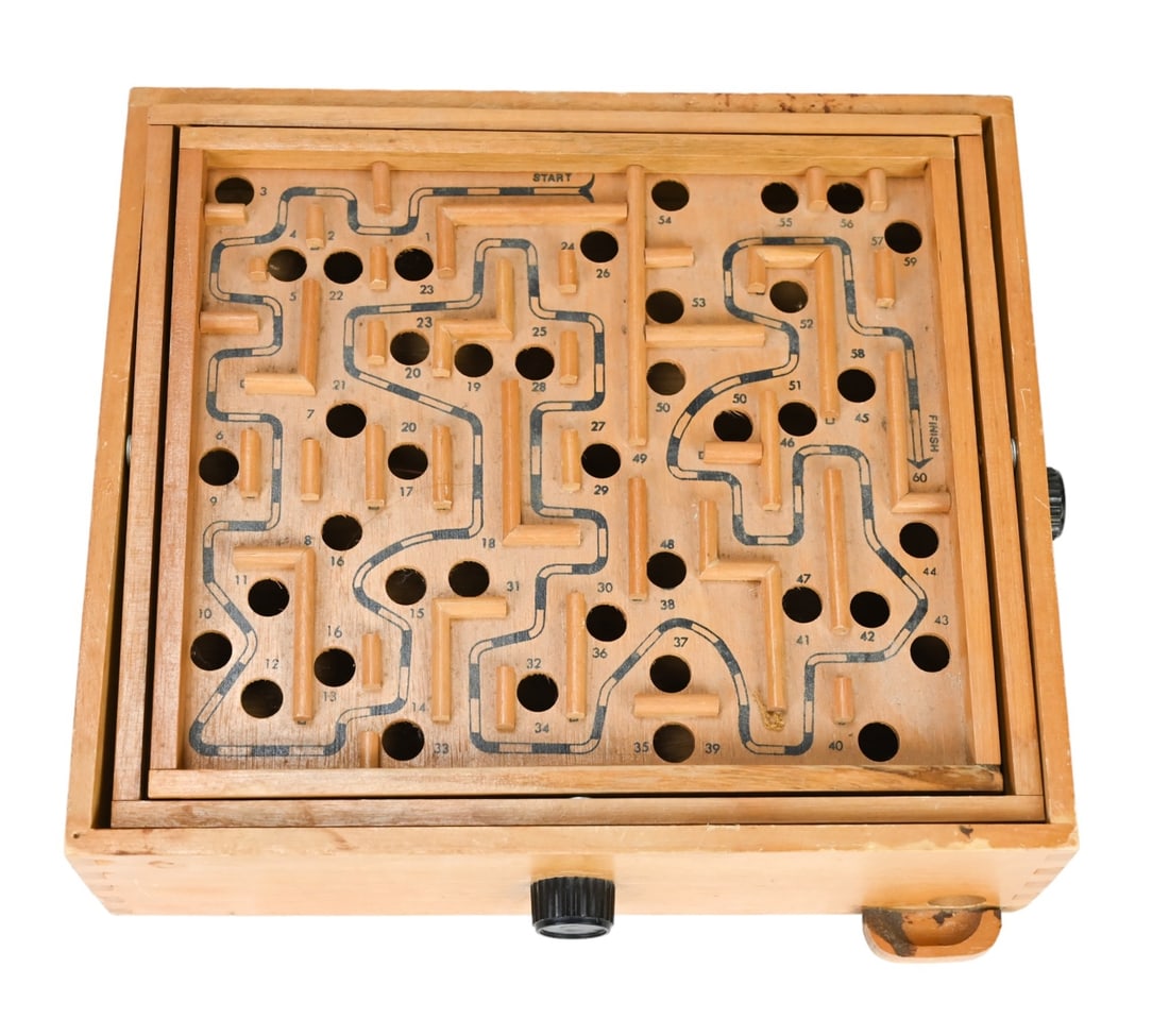 Vintage Hand Carved Labyrinth Game: Vintage Hand Carved Labyrinth Game. Measures 4 inches x 13 inches x 12 inches.