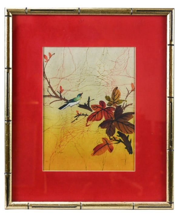 Paul Chan Signed Batik & Watercolor Bird in Fall: Paul Chan Signed Batik & Watercolor Bird in Fall, Framed in Gilt Bamboo Style Frame. Framed measures 19 inches x 16 inches, art measures 12 inches x 9 inches.
