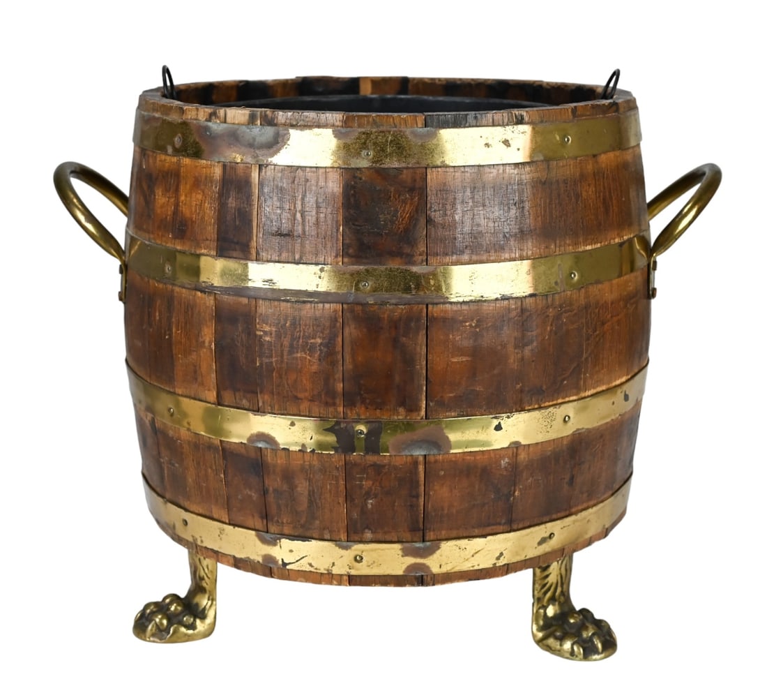 English Oak & Brass Barrel Cellarette w Paw Feet (1 of 8)