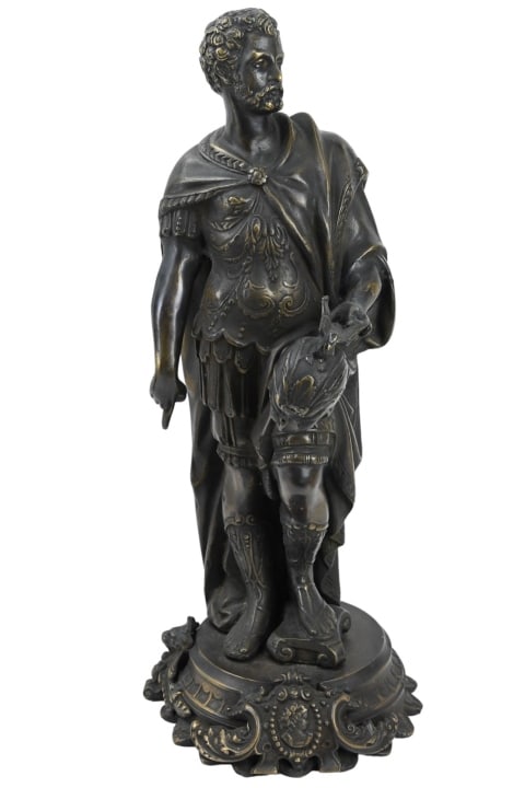 Antique Bronze Sculpture of Roman Soldier: Antique Bronze Sculpture of Roman Soldier Holding Helmet with Pedestal Base. Measures 18 inches x 7 inches in diameter.