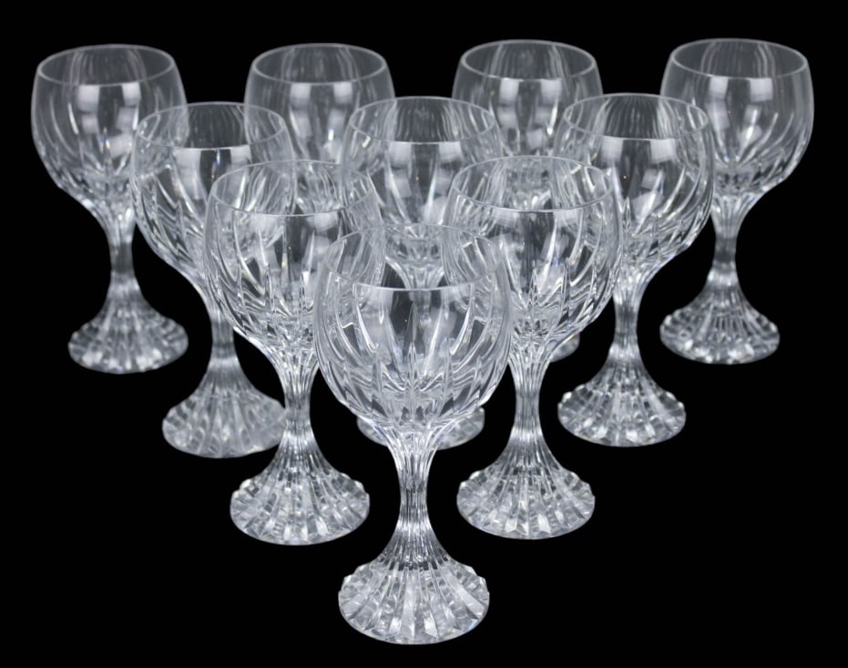 9 Baccarat Crystal Massena Red Wine Glasses: 9 Baccarat Crystal Massena Red Wine Glasses. Each measures 6.5 inches x 3.5 inches.