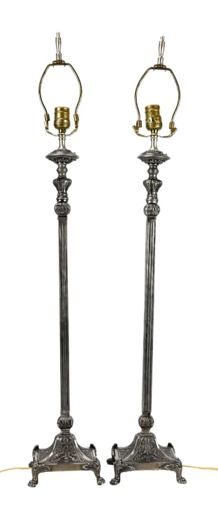 Pair Silver Tone Neo Classical Candlestick Lamps (1 of 8)