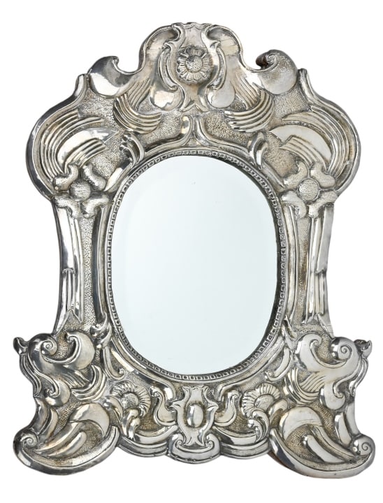 Mexican Silver Tone Carved Beveled Table Mirror (1 of 9)