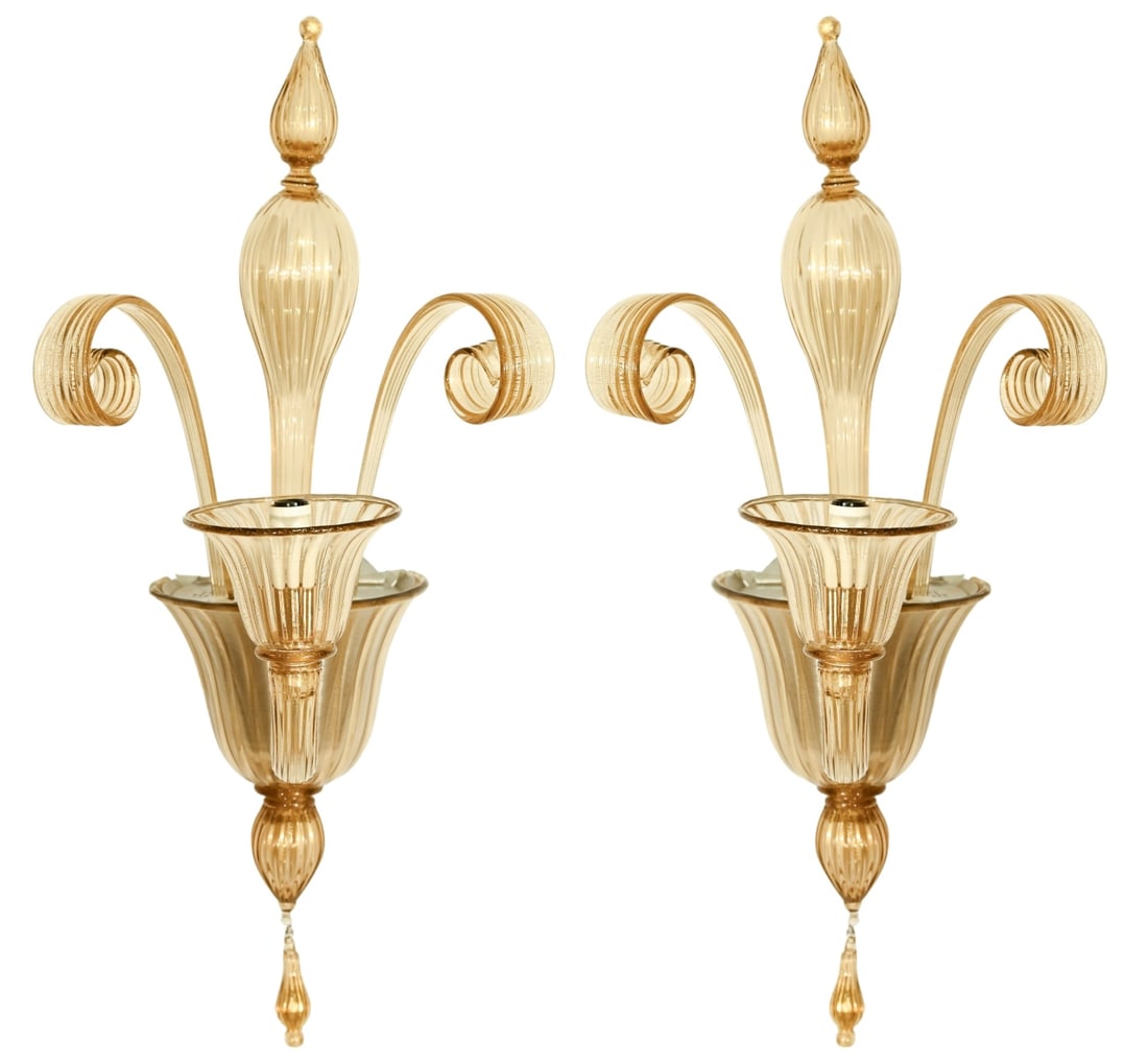 2 Venetian Amber Color Murano Art Glass Sconces (1 of 13)