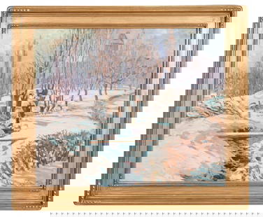 William Samuel Horton Winter Landscape Painting: William Samuel Horton Impressionist Winter Landscape Painting in Hand Carved Art Deco Frame.Frame measure 31 inches x 36 inches, art 25 inches x 30 inches.