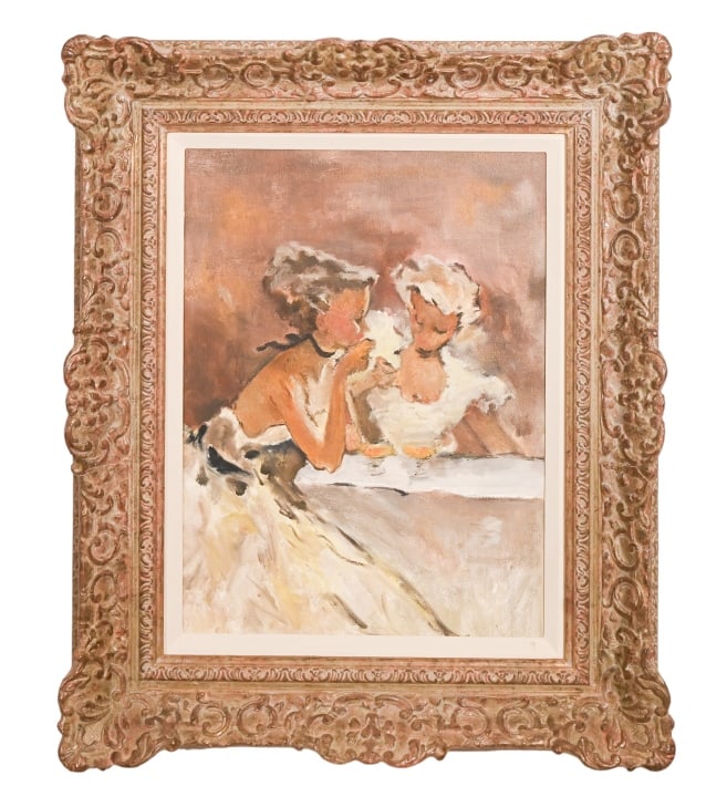 Impressionist Oil Painting 2 Young Women Dining: Impressionist Oil Painting 2 Young Women Drinking Cocktails. In carved frame. Framed measures 23 inches x 20 inches, art measures 16 inches x 12 inches.
