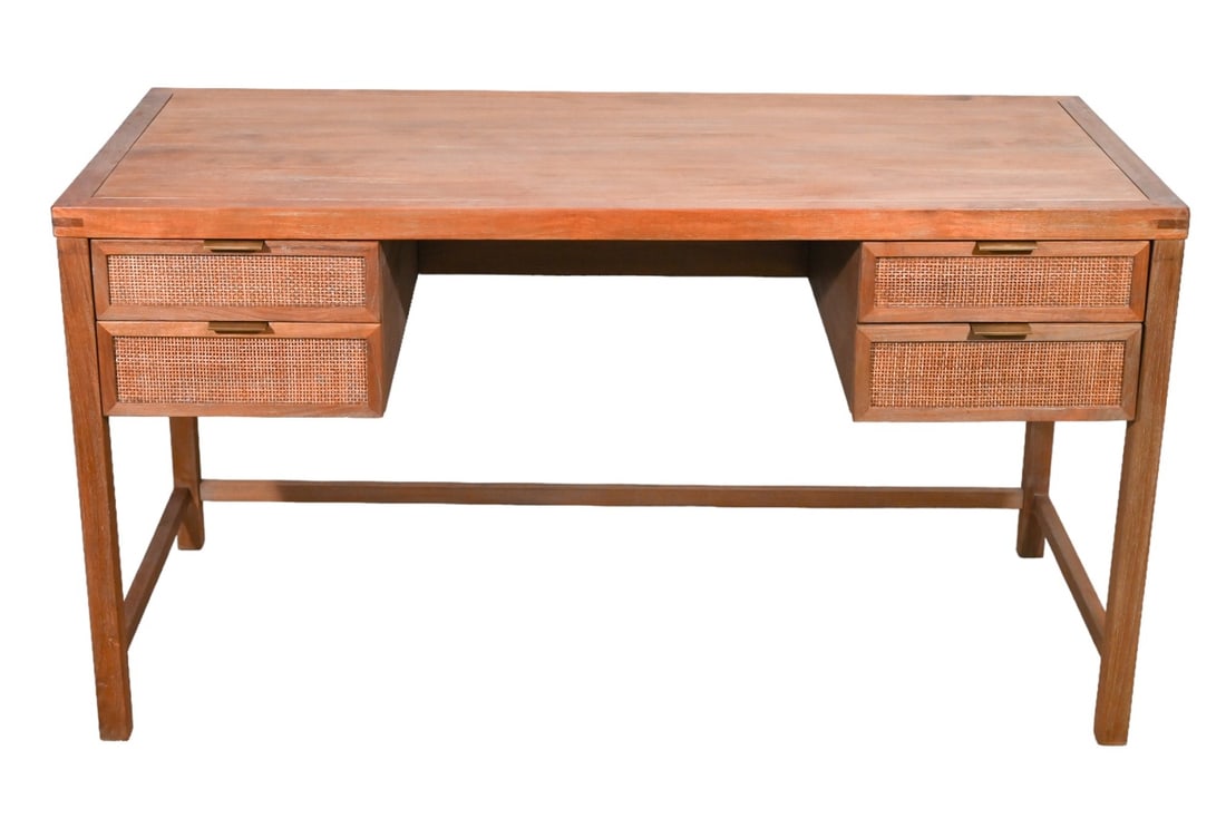 Mid Century Crate & Barrel Wood & Rattan Wrap Desk: Mid Century Crate & Barrel Wood & Rattan Wrap DeskMeasures 30 inches x 56 inches x 26 inches.