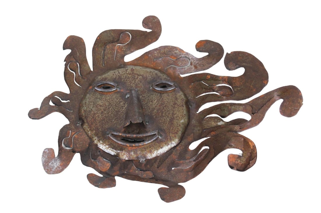 Tole Hand Wrought Hanging Sculpture of Sun: Tole Hand Wrought Hanging Sculpture of Sun. Measures 18inches in diameter.