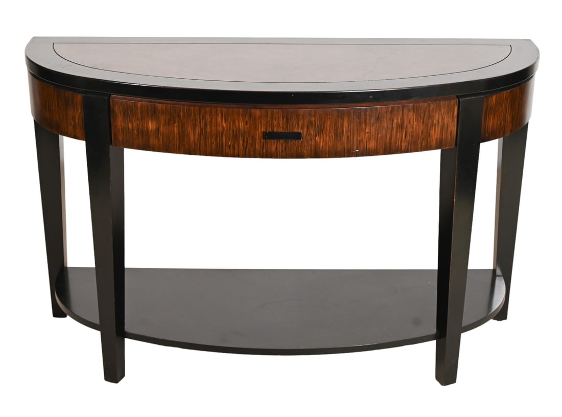 Hooker Furniture Laminated Demi Lune Console Table: Hooker Furniture Laminated Demi Lune Console TableMeasures 31 inches x 49 inches x 18 inches.