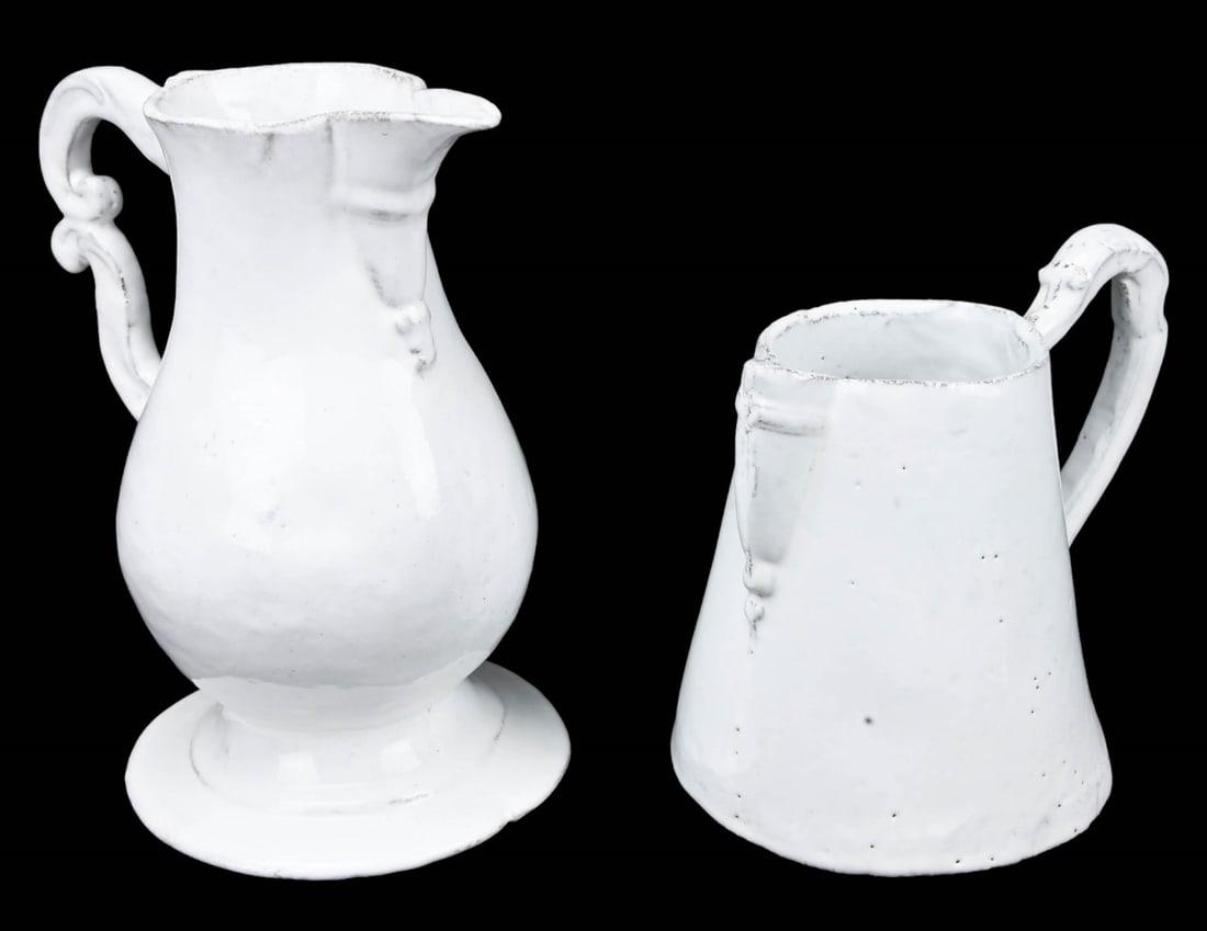 Pair Astier De Villatte Paris Art Pottery Pitchers: Pair Astier De Villatte Paris Art Pottery Brown Clay w White Glaze Pitchers. Larger measures 9 inches x 9 inches