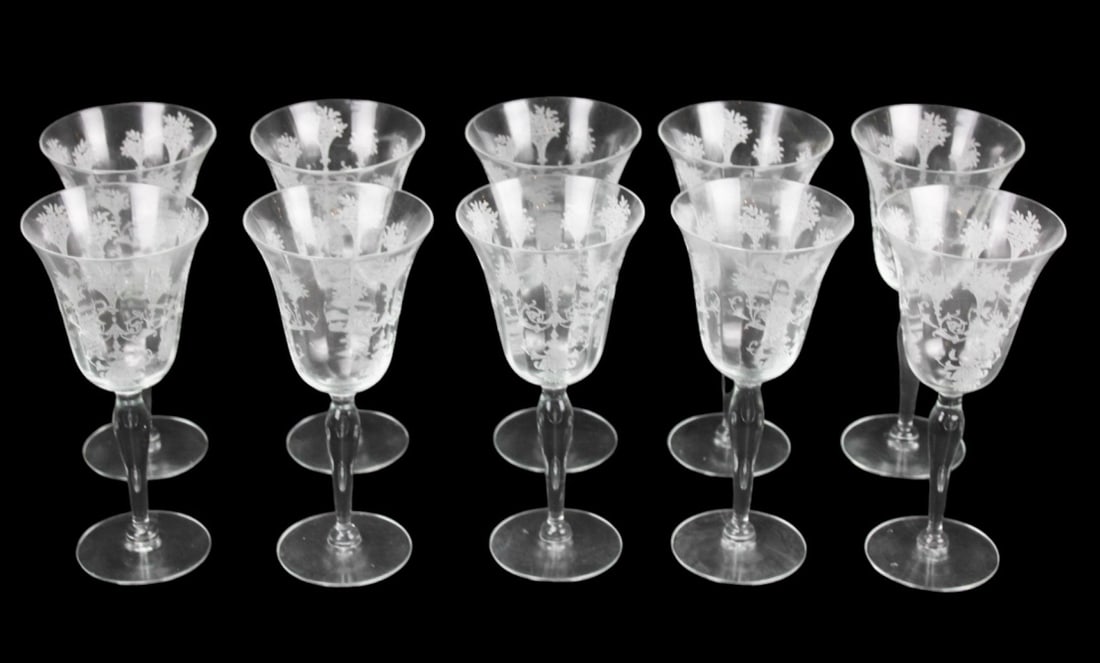 10 Antique Etched Glass Stem Wine Glasses: 10 Antique Etched Glass Stem Wine Glasses. Measures 8 inches x 4 inches in diameter, one with small chip.