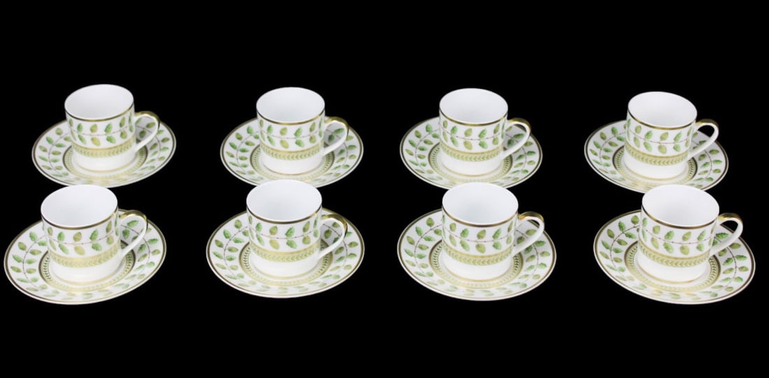 8 Christofle Bernardaud Demi Tasse Cups Saucers: 8 Christofle Bernardaud Porcelain Demi Tasse Cups and Saucers. Measures 2.5 inches x 5 inches in diameter.