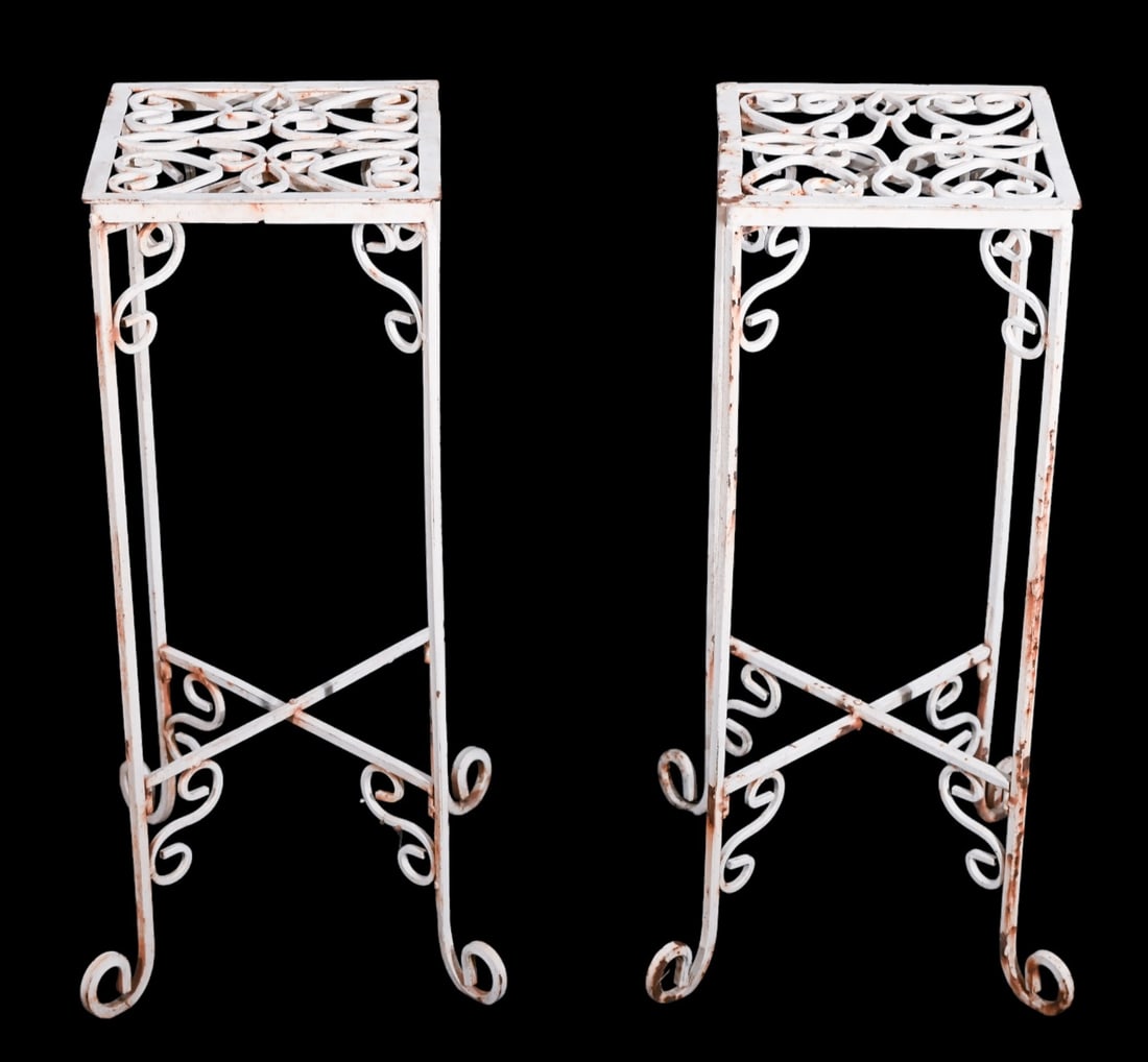 Pair Outdoor Wrought Iron Plant Stands: Pair Outdoor Wrought Iron Plant Stands.Measures 27 inches x 10 inches square.