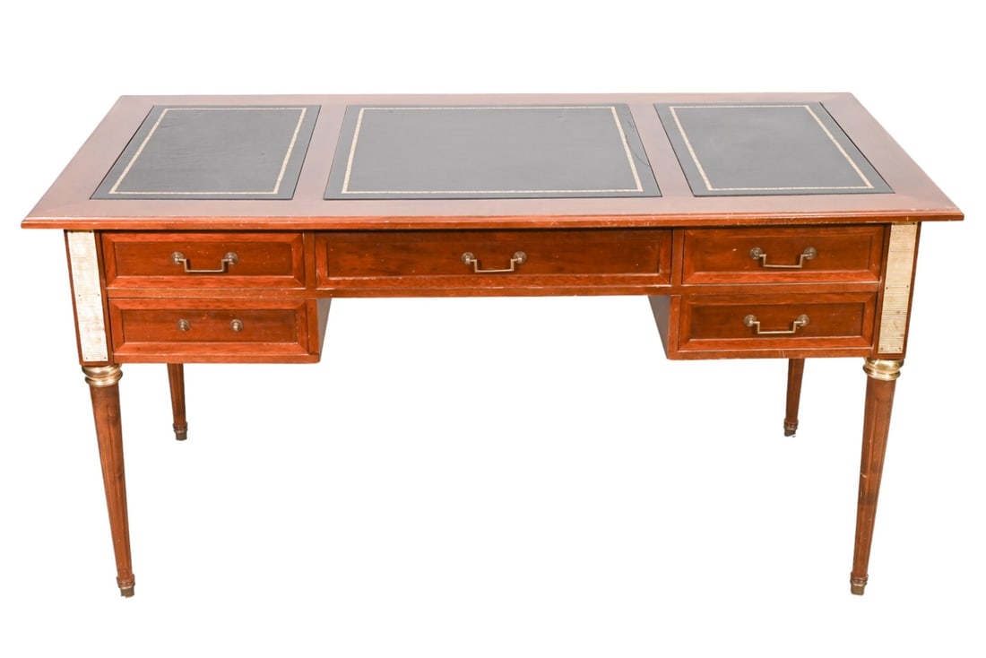 Louis XVI Style Fruitwood Leather Top Writing Desk: Louis XVI Style Fruitwood Leather Top Writing Desk with Glass Top.Measures 30 inches x 60 inches x 30 inches.