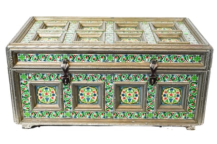 Syrian Enameled Panel Metal Chest Cast Hardware