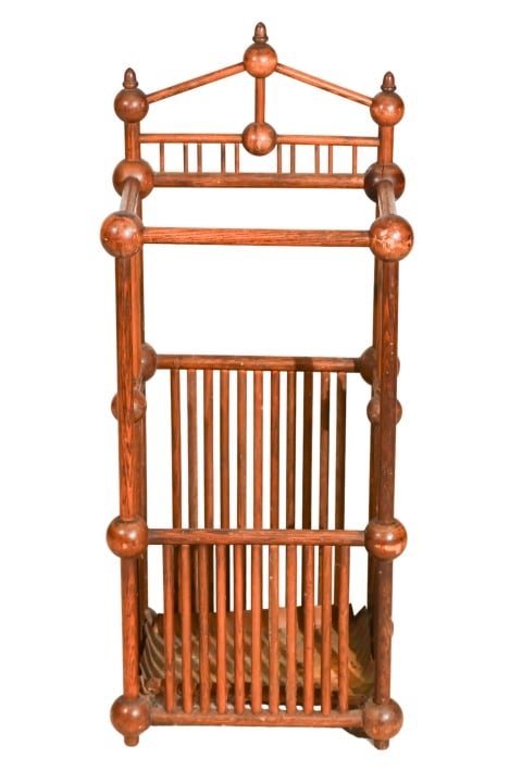 Antique Victorian Ball and Stick Umbrella Stand: Antique Victorian Ball and Stick Umbrella / Cane Stand with Copper Base.Measures 32 inches x 14 inches x 11 inches.