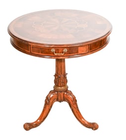 Georgian Style Carved Crotch Mahogany Drum Table