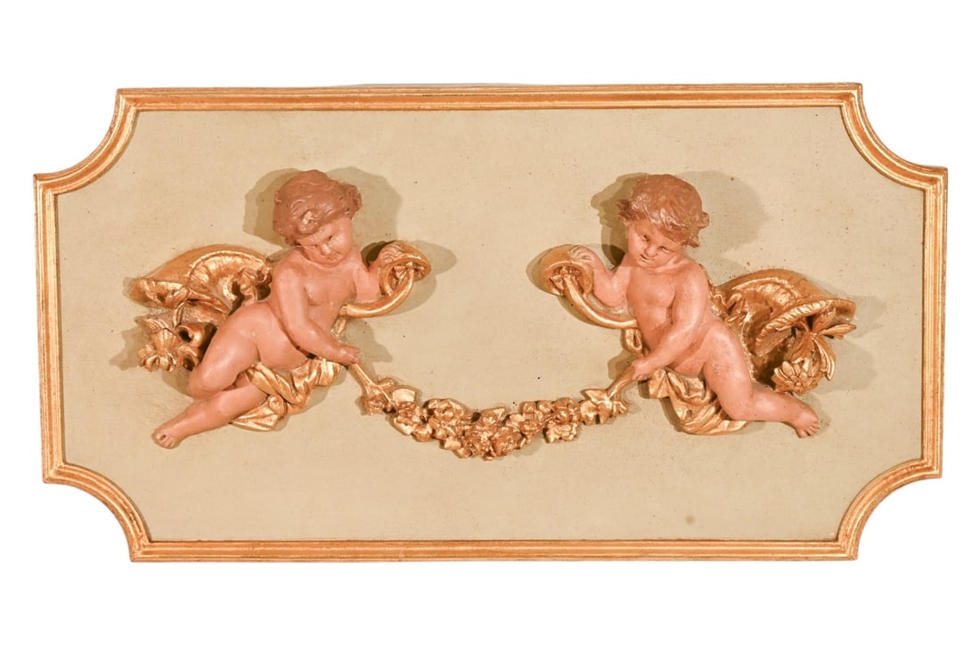Italian Revival Cement Poured Putti Painted Plaque (1 of 9)