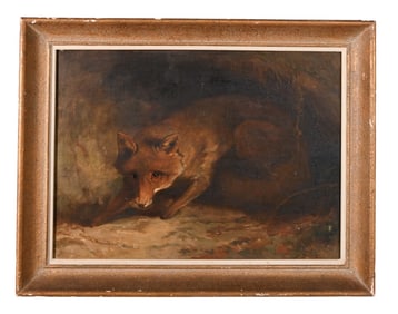 Antique Signed Oil Painting of Prowling Fox