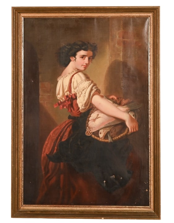 After Hans Canon Antique Oil Painting Portrait: After Hans Canon Style Antique Oil Painting Portrait of Girl with Basket of Fish. Holes to painting on bottom right of canvas. Framed measures 29 inches x 20 inches, art measures 17 inches x 26 inches