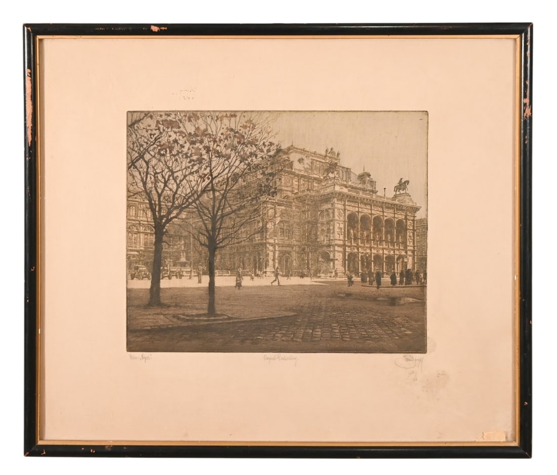 Emil Singer Signed Engraving of Vienna Opera: Emil Singer Signed Engraving of Vienna Opera. Measures 18 inches x 21 inches.