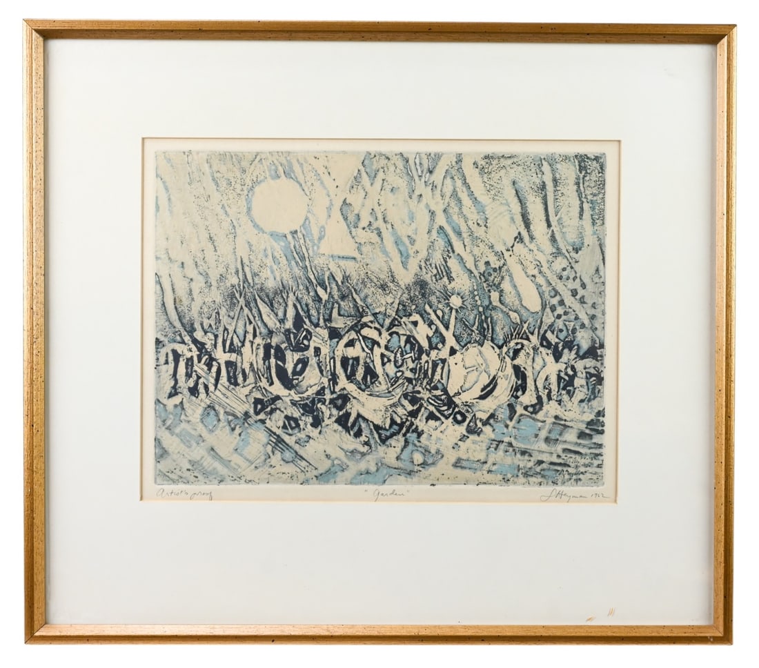 S. Heyman Signed Engraving 1962 Garden: S. Heyman Signed Artists Proof Engraving Dated 1962 Titled Garden. Measures 18 inches x 21 inches.