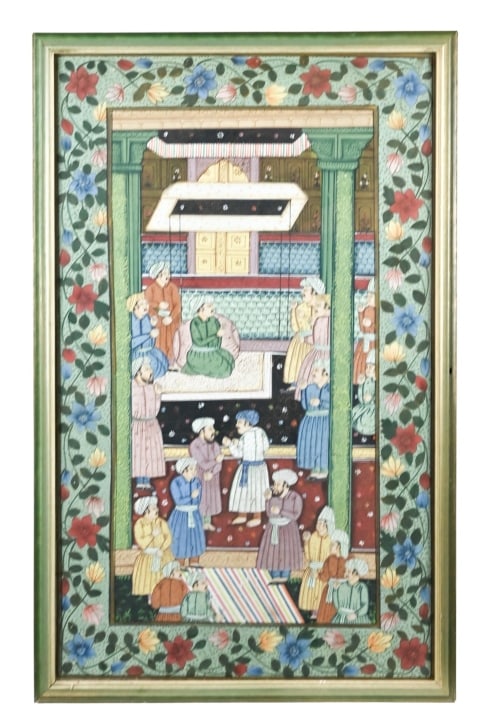 Indo-Persian Mughal Painting Framed: Indo-Persian Mughal Painting Framed. Measures 31 inches x 19 inches.