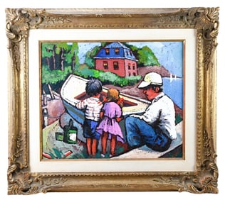 Signed Puerto Rico Oil Painting Fishing Boat Scene