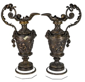 Renaissance Revival Bronze Ewers on Marble Base