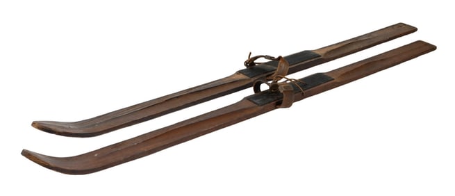 Pair Antique Hand Carved Wood Child Snow Skis