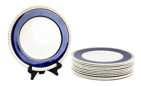 12 Dinner Plates Lenox Porcelain Blue, White, Gold