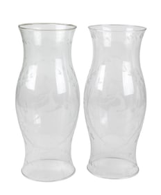 Pair Bohemian Etched Glass Hurricanes Stag Motif