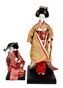 Two Japanese Geisha Figurine Dolls on Wood Stand