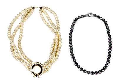 2 Black & White Faux Pearl Fashion Necklaces