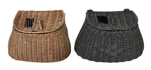 Pair Antique Woven Fishing Baskets w Gear