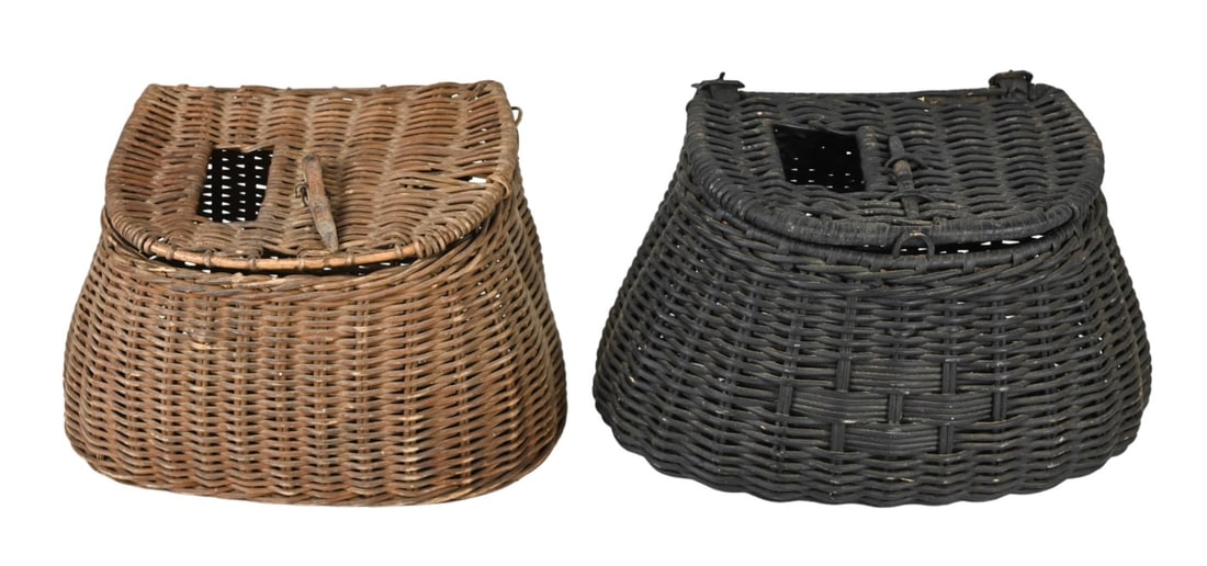 Pair Antique Woven Fishing Baskets w Gear: Pair Antique Woven Fishing Baskets w Miscellaneous Gear. Lighter colored basket needs repair. Larger measures 8 inches x 11 inches x 8 inches.
