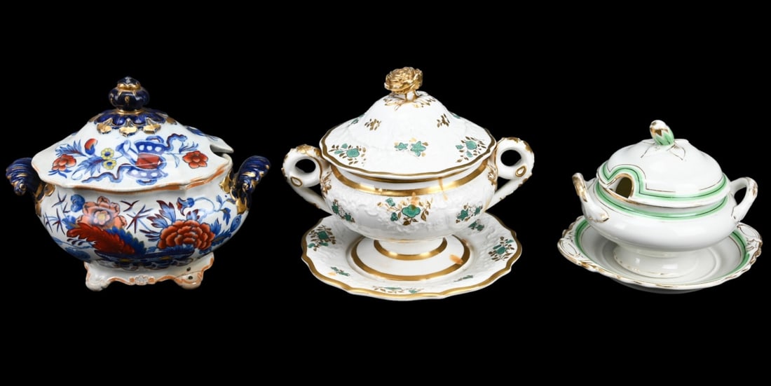 3 Antique 19th C Porcelain Small Tureens w Covers: 3 Antique 19th C Porcelain Small Tureens w Covers. Larger measures 8 inches x 8 inches in diameter