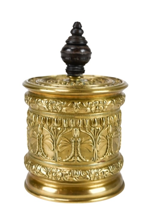 Antique Erhard & Sohne Art Nouveau Reposse Caddy: Antique Erhard & Sohne Art Nouveau Reposse Tea Caddy. Measures 6 inches x 4 inches in diameter.