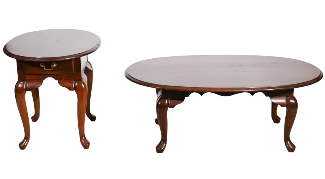 Queen Anne Style Carved Coffee Table & Side Table: Queen Anne Style Carved Coffee Table and Side Table.Coffee table measures 17 inches x 45 inches x 27 inches. Side table measures 23 inches x 22 inches x 27 inches