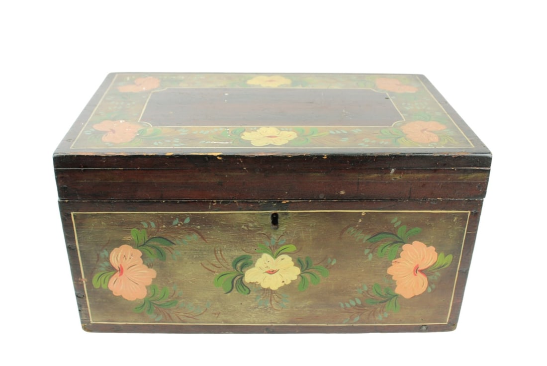 Antique Arts & Crafts Carved & Hand Painted Box: Antique Arts & Crafts Hand Carved & Hand Painted Locking Box with Floral Design. Measures 9 inches x 16 inches x 10 inches.